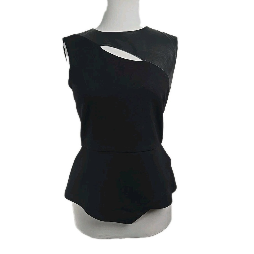 BCBG Maxazria Black Ponte & Faux Suede Sleeveless Peplum Back Zipper Top Small S